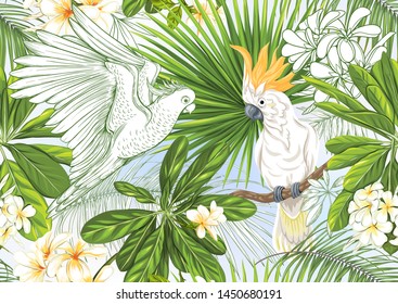 Tropical plants and flowers. Seamless pattern, background. Colored and outline design. Vector illustration. On sky blue background.