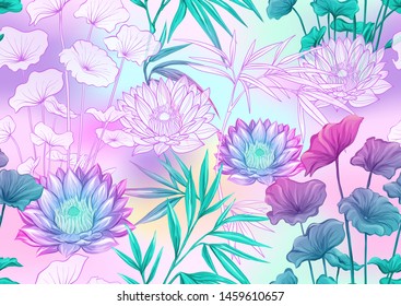 Tropical plants and flowers. Seamless pattern, background. Colored and outline design. Vector illustration in neon, fluorescent colors. On mash background.	