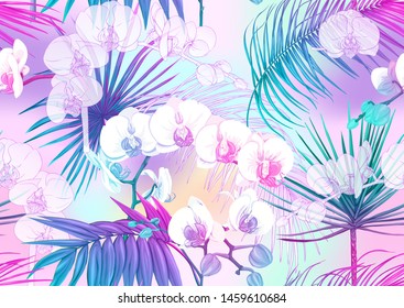 Tropical plants and flowers. Seamless pattern, background. Colored and outline design. Vector illustration in neon, fluorescent colors. On mash background.	
