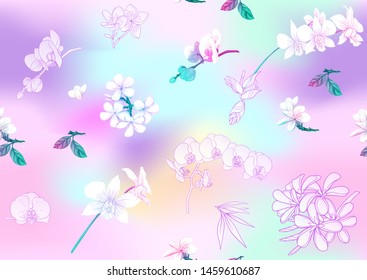 Tropical plants and flowers. Seamless pattern, background. Colored and outline design. Vector illustration in neon, fluorescent colors. On mash background.	
