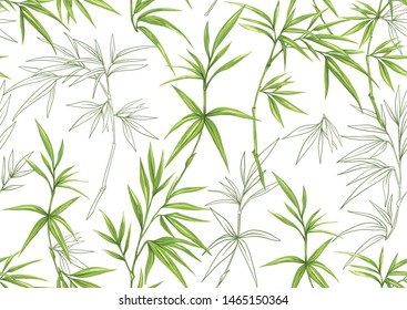 Tropical plants and flowers. 
 Seamless pattern, background. Colored and outline design. Vector illustration. Isolated on white background."	