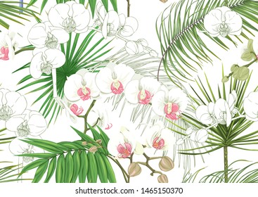 Tropical plants and flowers. 
 Seamless pattern, background. Colored and outline design. Vector illustration. Isolated on white background."	