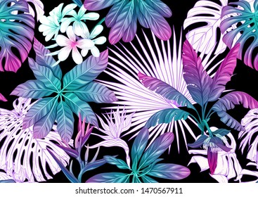 Tropical plants and flowers. Seamless pattern, background. Colored and outline design. Vector illustration in neon, fluorescent colors. Isolated on black background.	