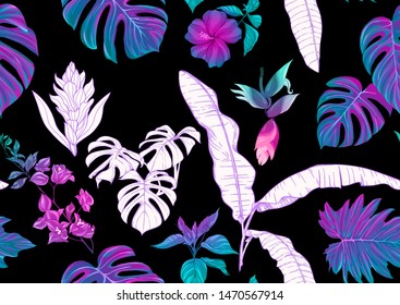 Tropical plants and flowers. Seamless pattern, background. Colored and outline design. Vector illustration in neon, fluorescent colors. Isolated on black background.	