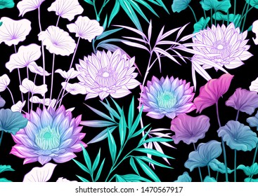 Tropical plants and flowers. Seamless pattern, background. Colored and outline design. Vector illustration in neon, fluorescent colors. Isolated on black background.	