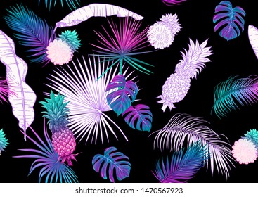 Tropical plants and flowers. Seamless pattern, background. Colored and outline design. Vector illustration in neon, fluorescent colors. Isolated on black background.	