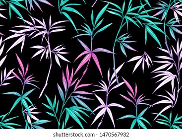 Tropical plants and flowers. Seamless pattern, background. Colored and outline design. Vector illustration in neon, fluorescent colors. Isolated on black background.	