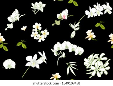 Tropical plants and flowers. Seamless pattern, background. Colored and outline design. Vector illustration isolated on black background