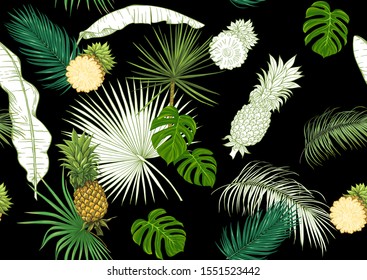Tropical plants and flowers. Seamless pattern, background. Colored and outline design. Vector illustration isolated on black background