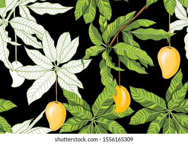 Tropical plants and flowers. Seamless pattern, background. Colored and outline design. Vector illustration isolated on black background