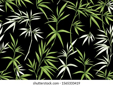 Tropical plants and flowers. Seamless pattern, background. Colored and outline design. Vector illustration isolated on black background