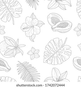Tropical Plants and Flowers Seamless Pattern, Hand Drawn Design Element Can Be Used for Fabric, Wallpaper, Packaging, Web Page Vector Illustration