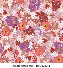 Tropical Plants And Flowers Seamless Pattern