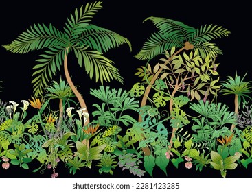 Tropische Pflanzen, Blumen. Nahtloses Muster, Hintergrund. Vektorgrafik.
