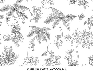 Plantas tropicales y flores. Patrón sin inconvenientes, fondo. Ilustración del vector
