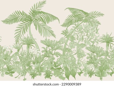 Tropical plants and flowers. Seamless pattern, background. Vector illustration