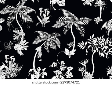 Tropical plants and flowers. Seamless pattern, background. Vector illustration