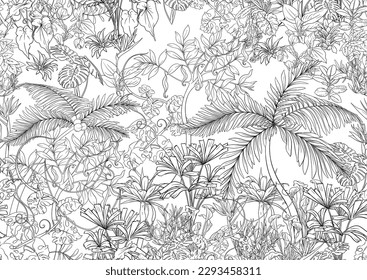 Tropical plants and flowers. Seamless pattern, background. Vector illustration