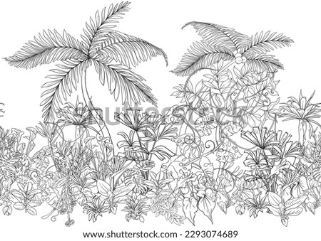 Tropical plants and flowers. Seamless pattern, background. Vector illustration