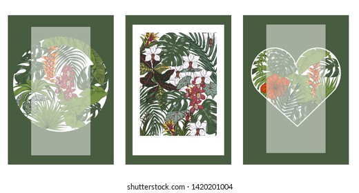 Tropical plants and flowers, template for cards, invitations, posters, booklet, vector illustration