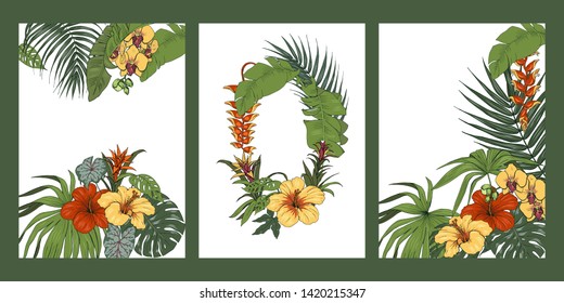 Tropical plants and flowers, template for cards, invitations, posters, booklet, vector illustration