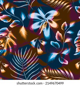 tropical plants and foliage seamless pattern with blue flowers on abstract background. Colorful stylish floral. Floral background. Exotic tropics. Summer design. nature prints texture. jungle art