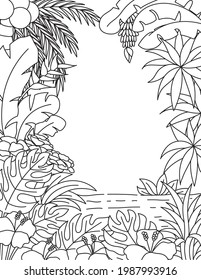 Tropical plants frame with copy space for design element, adult coloring book, coloring page. Vector illustration