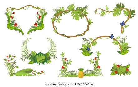 Marco de plantas tropicales. Ramas y hojas de selva selvática. Ilustración vectorial para plantillas de borde, juego en línea, aventura, concepto de naturaleza