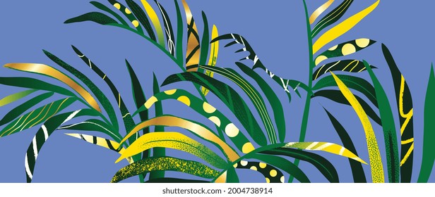 Tropical plants and Gold background vector. colorful summer pattern design with topical foliage, arts brush and pink color. Modern wallpaper design for prints, poster, cover, cards and  homewares.