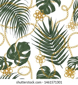 Tropical plants and gold jewelry, palm leaves, monsters and chains, seamless vector background