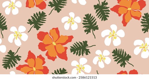 Tropical plants hand drawn flowers, seamless pattern with floral motifs, can be used for fabric, textile, apparel, wrapping paper, cover, banner, interior decoration, abstract background.