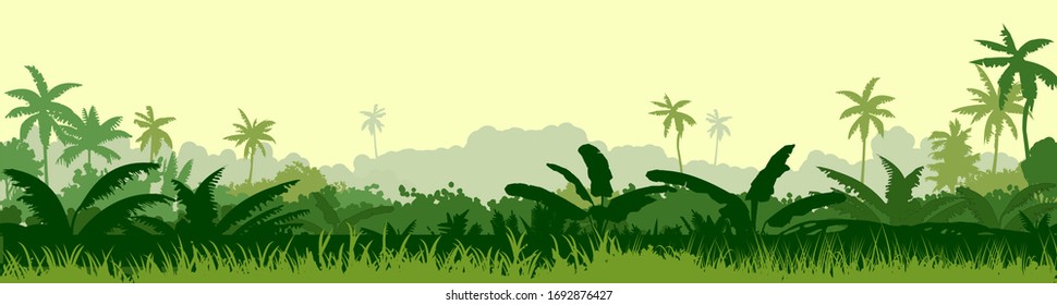 Tropical plants, herbs. The jungle, the savannah. Vector. Dense thickets of meadow. Light foggy green horizon, lush young grass and shrubs. Spreading palm trees in the distance. Background landscape.