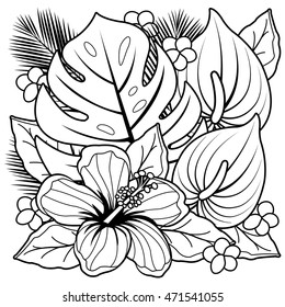 Tropical plants and hibiscus flowers. Vector black and white coloring page.