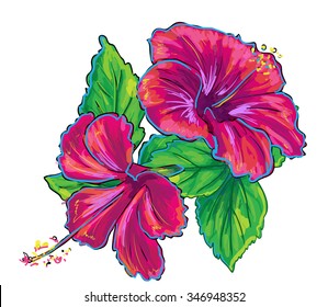 Tropical plants isolated on white. Hibiscus red flower and leaves. Vector illustration.