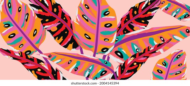Tropical plants and Jungle background vector. colorful summer pattern design with topical foliage, arts brush and pink color. Modern wallpaper design for prints, poster, cover, cards and  homewares.