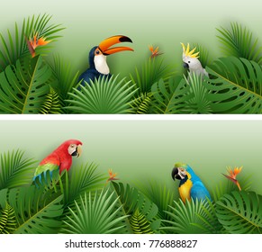 Tropical plants leaves banner with birds