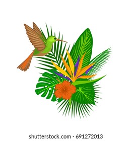 tropical plants leaves flower arrangement with hummingbird