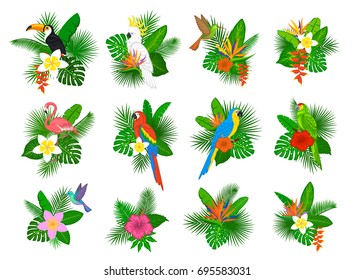 tropical plants leaves flower arrangements with flamingo, parrots, toco toucan,hummingbird, hibiscus, strelitzia, frangipani, heliconia