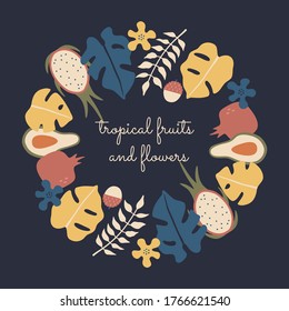 Tropical plants, leaves and fruits in circle, greeting card template. Posters, placards and banners template. Hand drawn vector illustration in modern flat flat style, isolated dark background.