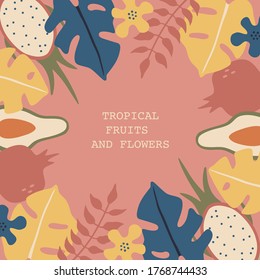 Tropical plants, leaves and fruits, greeting card, template for posters, placards and banners. Hand drawn vector illustration in modern flat style, isolated background.