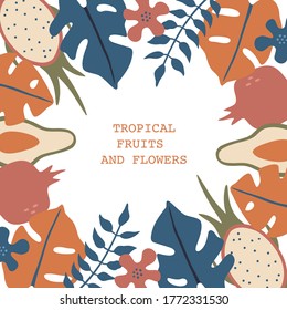 Tropical plants, leaves and fruits, greeting card, template for posters, placards and banners. Hand drawn vector illustration in modern flat style, isolated on white background.