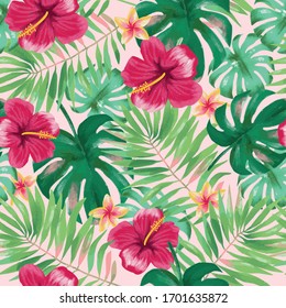 Tropical plants and leaves. Illustration in Hawaiian style. Jungle leaves. Botanical pattern. Palm, hibiscus, fuchsia plumeria repeat for fabric or paper.