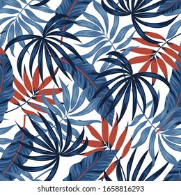 Tropical plants and leaves on a white background. Floral seamless vector tropical pattern background with exotic leaves, jungle leaf. Hand draw texture. Vector template.