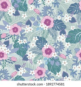 Tropical plants and leaves seamless pattern