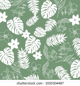 Tropical plants, monstera, frangipani vector illustration. Stylish hand painted textures, upholstery and other users.
