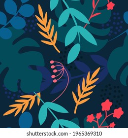 Tropical plants on a dark blue background. Monstera leaves, palm trees. Vector seamless pattern in flat style