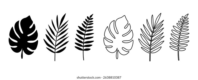 Tropical plants, ornamental plant leaves illustration set - monstera, palm and fern vector silhouette icons on transparent background