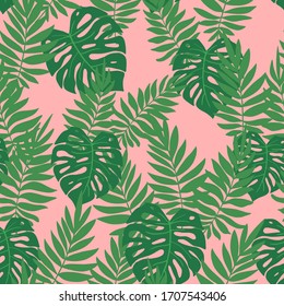 Tropical plants palm and monstera leaves hand drawn seamless pattern for wrapping paper, fabric or wallpaper. Botanical vector repeating design in green and rose colors