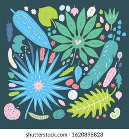 Tropical plants and palms leaves nuts and seeds isolated on background. Stylised cartoon hand drawn decorative vector elements for design. 