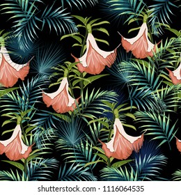 Tropical plants, paradise flowers and palm leaves seamless pattern on a white background. Vector illustration. Tropical lilies.